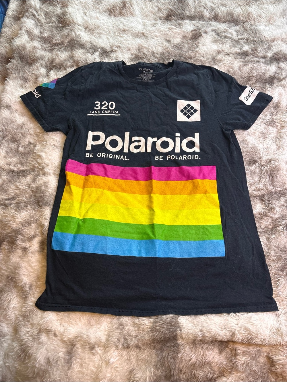 Polaroid Black Tee with Bright Rainbow Block Graphic